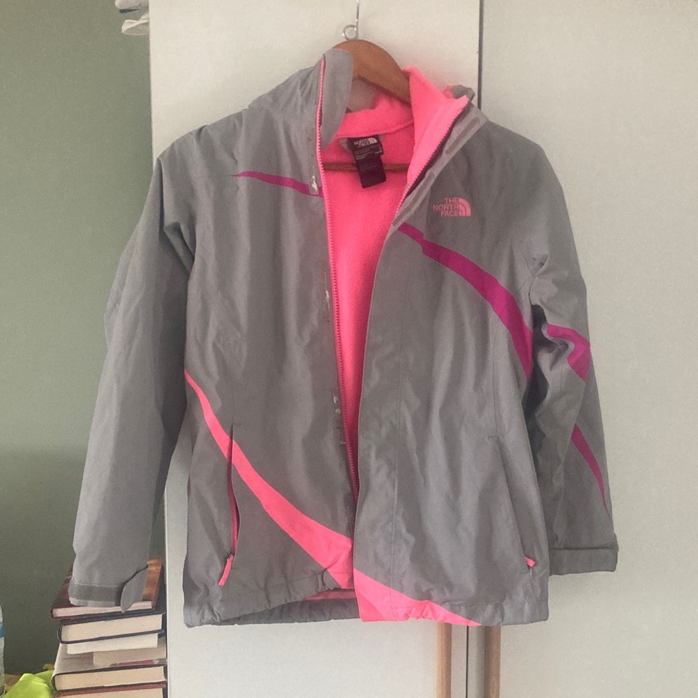 Girls large The North Face Gray Jacket with Pink Highlights